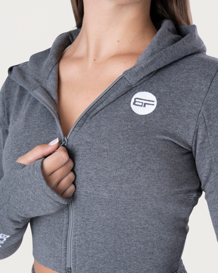 Felpa corta con zip Bombafit Flux Mini in grigio melange con cappuccio e logo sul petto
