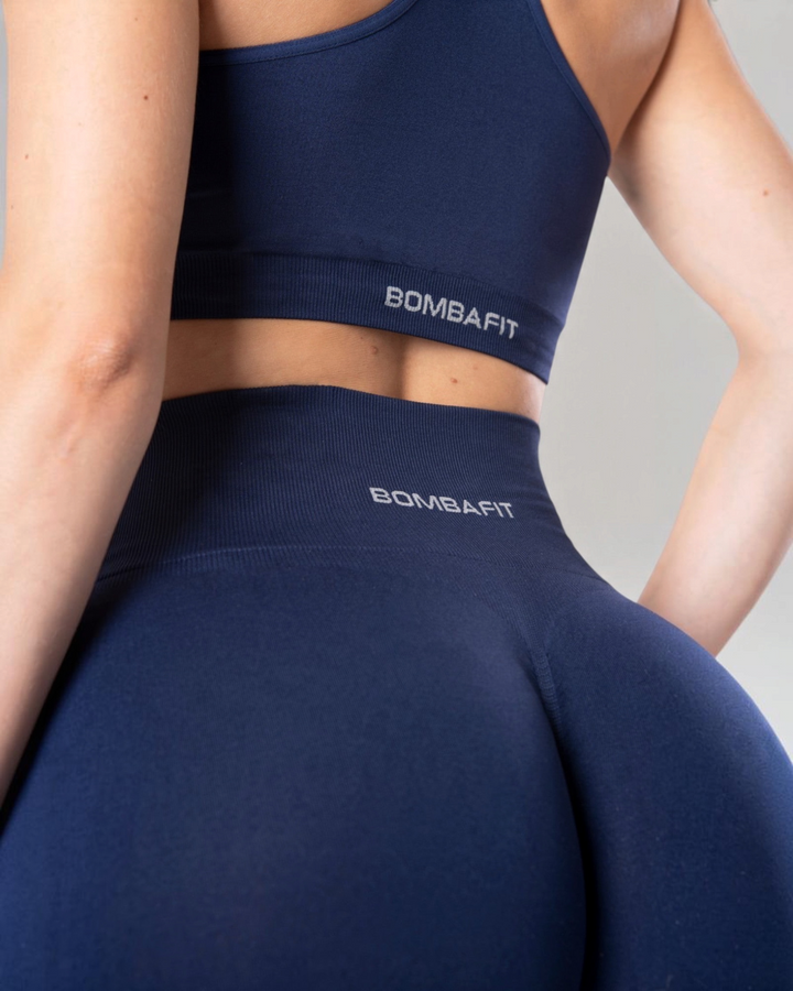 Leggings e reggiseno sportivo Bombafit blu notte senza cuciture con logo a vita alta