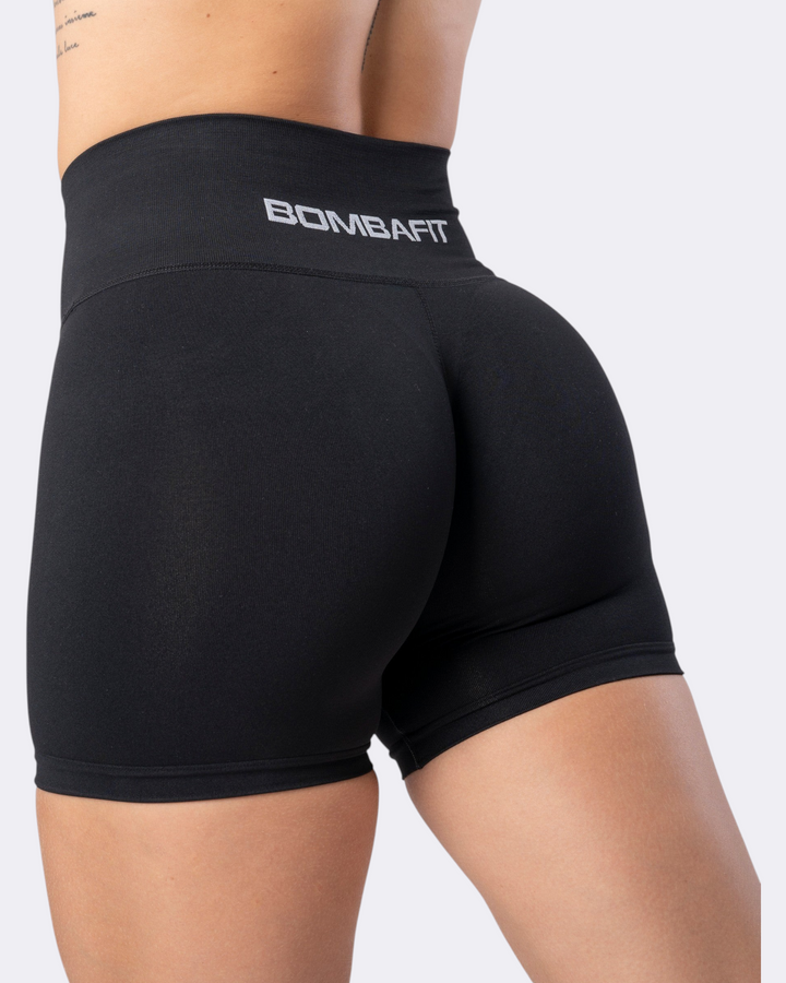 Shorts sportivi anticellulite Bombafit neri a vita alta con design seamless per allenamento e fitness